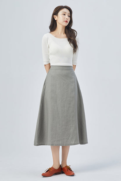 Women Gray Linen Midi Skirt 4152