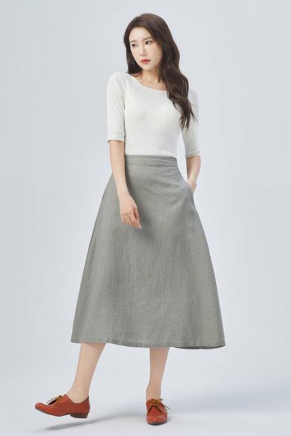 Women Gray Linen Midi Skirt 4152
