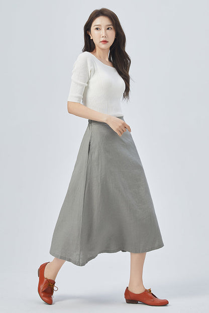 Women Gray Linen Midi Skirt 4152