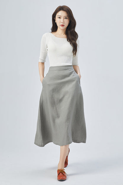 Women Gray Linen Midi Skirt 4152