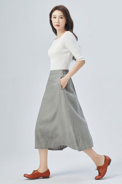 Women Gray Linen Midi Skirt 4152