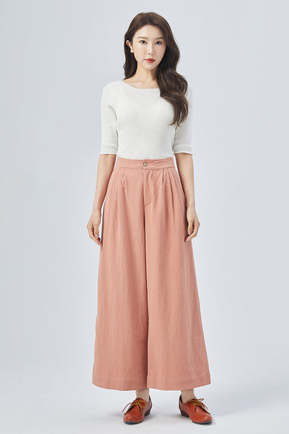 Pink Linen Wide Leg Pants - Pleated, Relaxed Fit 4151