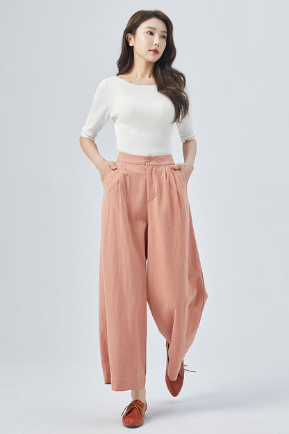 Pink Linen Wide Leg Pants - Pleated, Relaxed Fit 4151