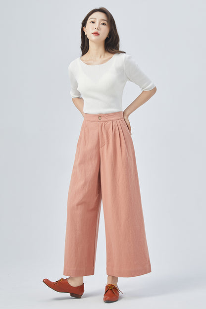 Pink Linen Wide Leg Pants - Pleated, Relaxed Fit 4151