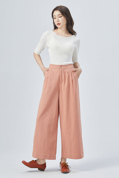 Pink Linen Wide Leg Pants - Pleated, Relaxed Fit 4151