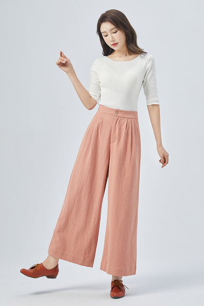 Pink Linen Wide Leg Pants - Pleated, Relaxed Fit 4151