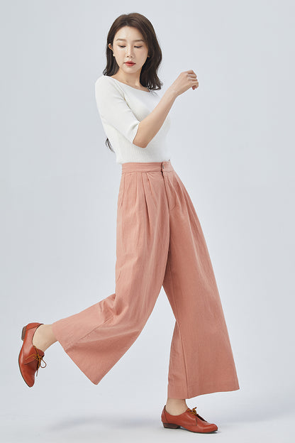 Pink Linen Wide Leg Pants - Pleated, Relaxed Fit 4151