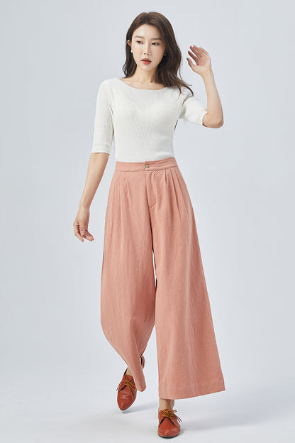 Pink Linen Wide Leg Pants - Pleated, Relaxed Fit 4151