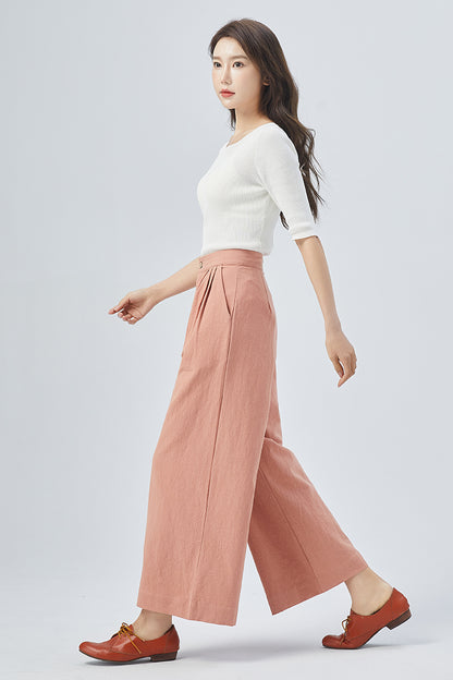 Pink Linen Wide Leg Pants - Pleated, Relaxed Fit 4151