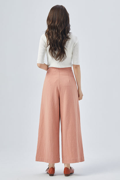 Pink Linen Wide Leg Pants - Pleated, Relaxed Fit 4151