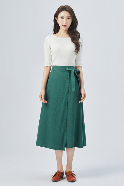 Green Linen Wrap Midi Skirt - Elastic Waist | Xiaolizi 4155
