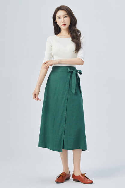 Green Linen Wrap Midi Skirt - Elastic Waist | Xiaolizi 4155