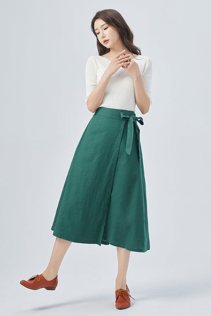 Green Linen Wrap Midi Skirt - Elastic Waist | Xiaolizi 4155