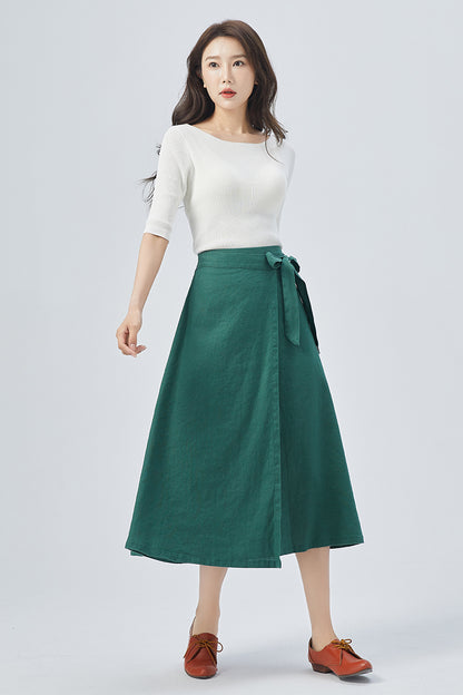 Green Linen Wrap Midi Skirt - Elastic Waist | Xiaolizi 4155