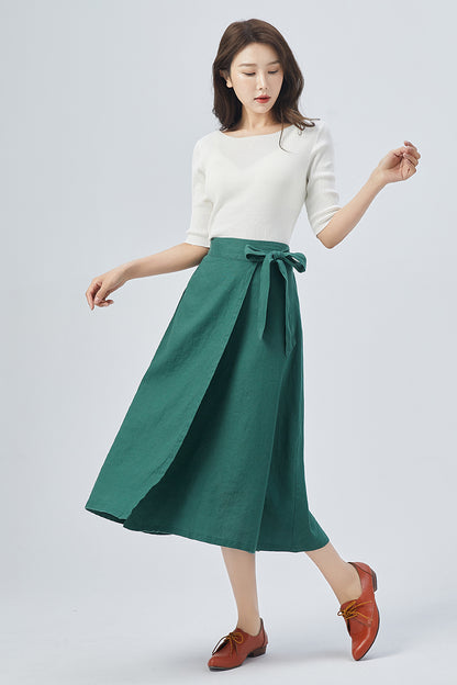 Green Linen Wrap Midi Skirt - Elastic Waist | Xiaolizi 4155
