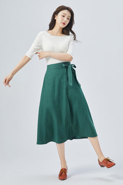 Green Linen Wrap Midi Skirt - Elastic Waist | Xiaolizi 4155