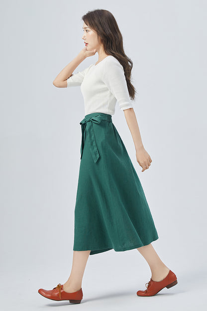 Green Linen Wrap Midi Skirt - Elastic Waist | Xiaolizi 4155