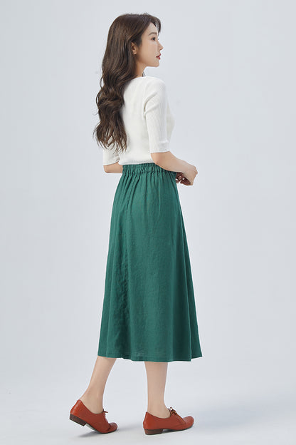 Green Linen Wrap Midi Skirt - Elastic Waist | Xiaolizi 4155