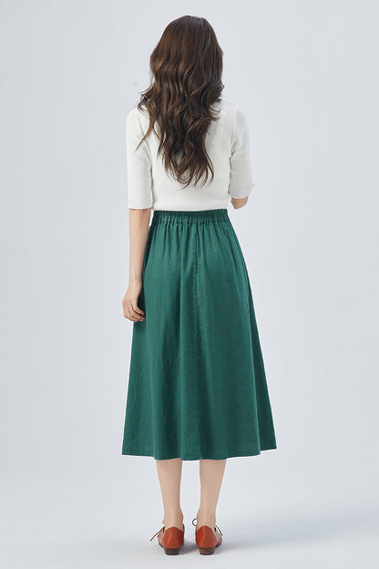 Green Linen Wrap Midi Skirt - Elastic Waist | Xiaolizi 4155