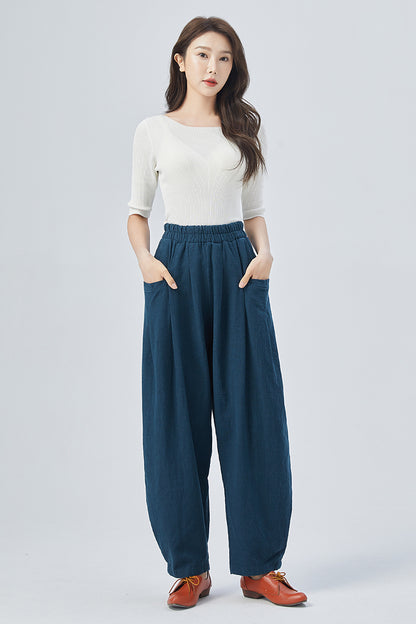 Blue Linen Cotton Wide Leg Pants - Tapered, High Waisted Elegance 4154