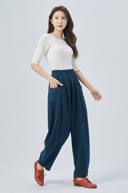 Blue Linen Cotton Wide Leg Pants - Tapered, High Waisted Elegance 4154