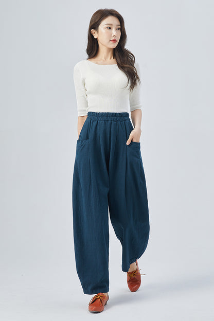 Blue Linen Cotton Wide Leg Pants - Tapered, High Waisted Elegance 4154