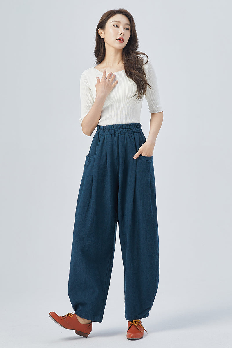 Women Blue Long Linen Pants 4154
