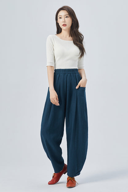 Blue Linen Cotton Wide Leg Pants - Tapered, High Waisted Elegance 4154