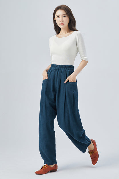 Blue Linen Cotton Wide Leg Pants - Tapered, High Waisted Elegance 4154