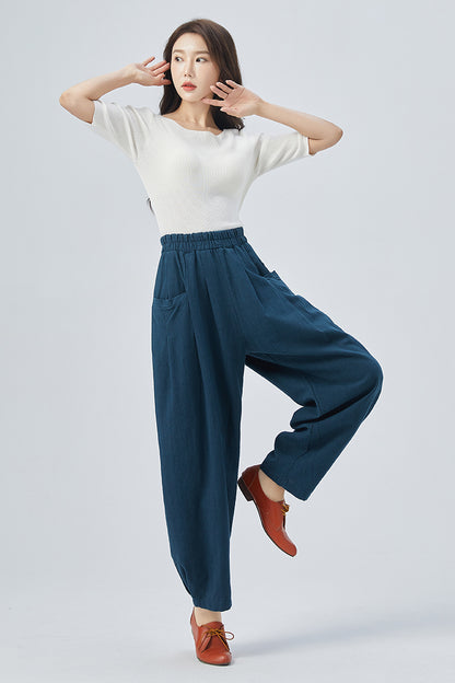 Blue Linen Cotton Wide Leg Pants - Tapered, High Waisted Elegance 4154