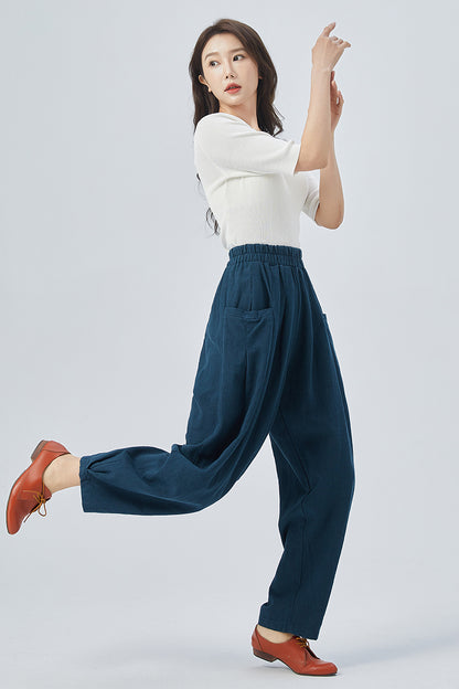 Blue Linen Cotton Wide Leg Pants - Tapered, High Waisted Elegance 4154