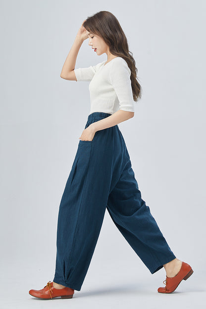 Blue Linen Cotton Wide Leg Pants - Tapered, High Waisted Elegance 4154