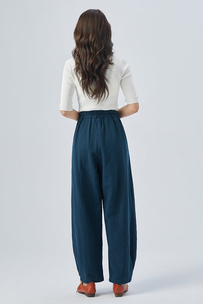 Blue Linen Cotton Wide Leg Pants - Tapered, High Waisted Elegance 4154