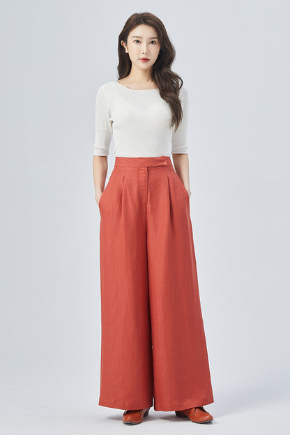 Red Linen Wide Leg Pants - High Waisted Relaxed Fit 4150