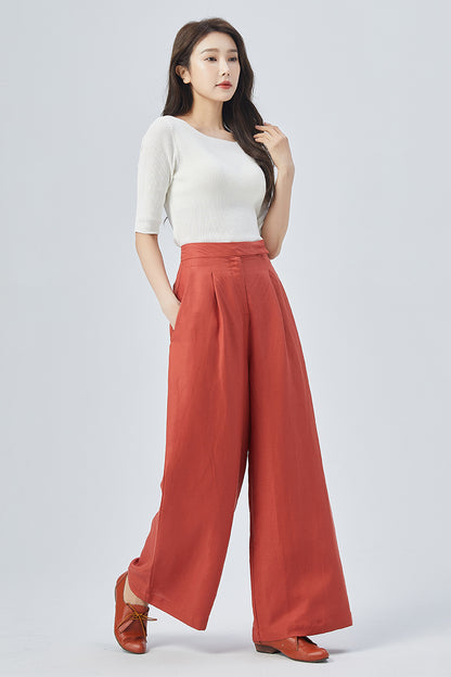 Red Linen Wide Leg Pants - High Waisted Relaxed Fit 4150