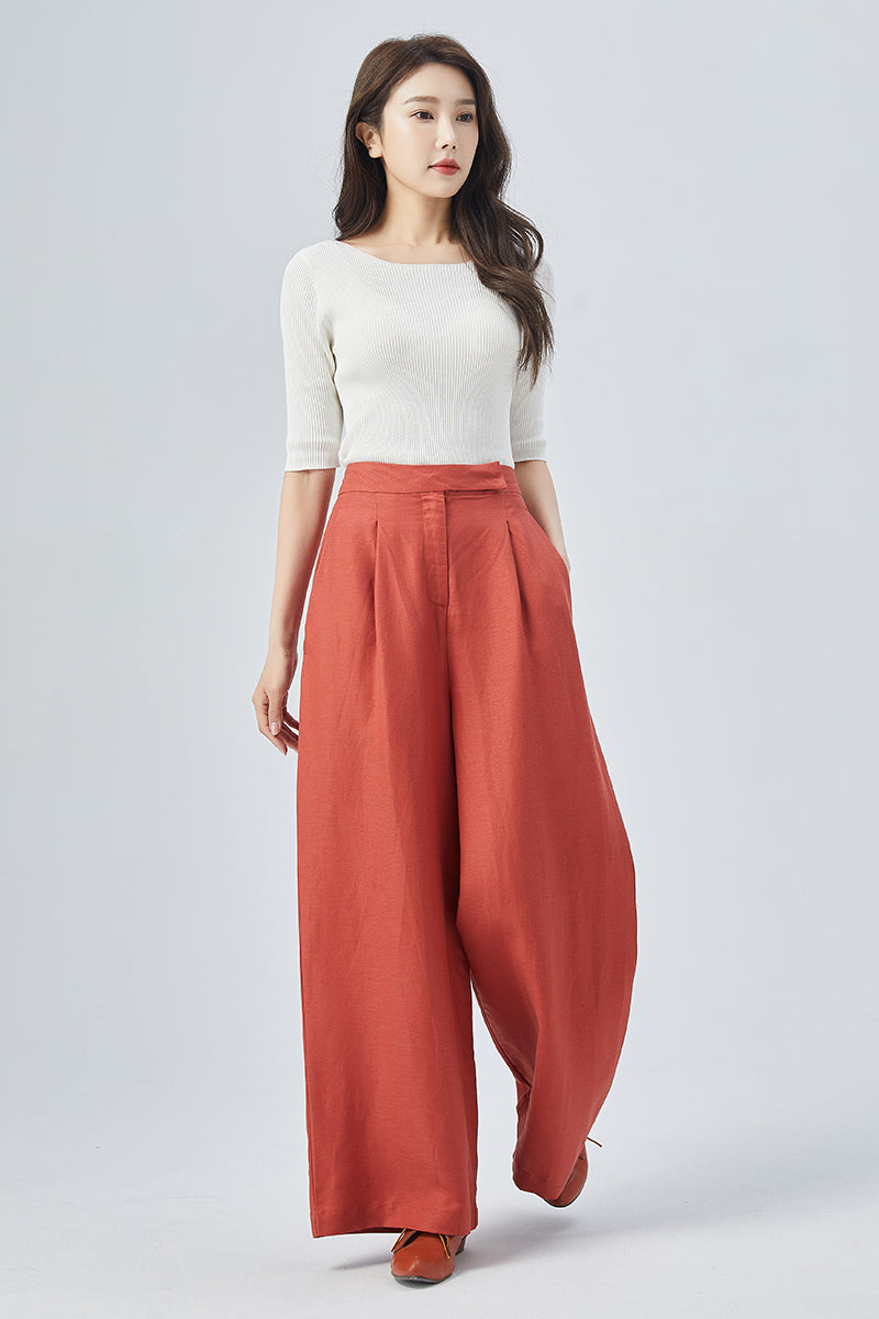 Red High Waisted Linen Pants 4150