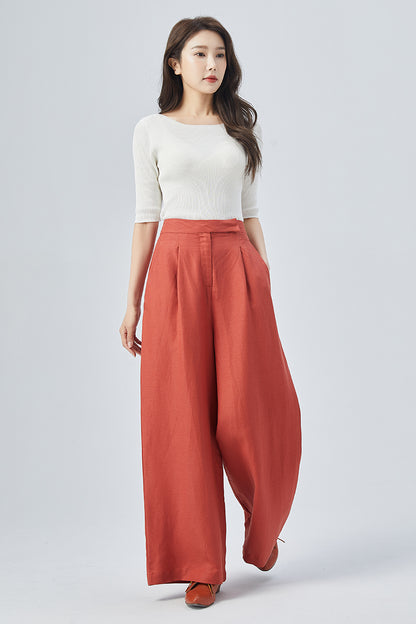 Red Linen Wide Leg Pants - High Waisted Relaxed Fit 4150
