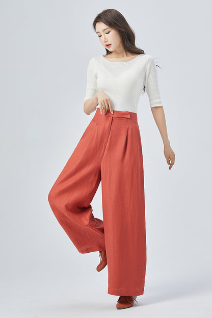 Red Linen Wide Leg Pants - High Waisted Relaxed Fit 4150