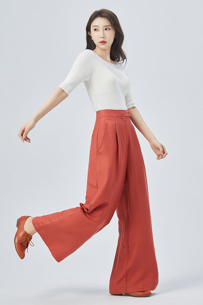 Red Linen Wide Leg Pants - High Waisted Relaxed Fit 4150
