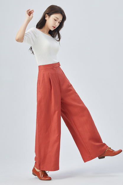 Red Linen Wide Leg Pants - High Waisted Relaxed Fit 4150