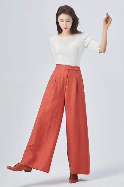 Red Linen Wide Leg Pants - High Waisted Relaxed Fit 4150