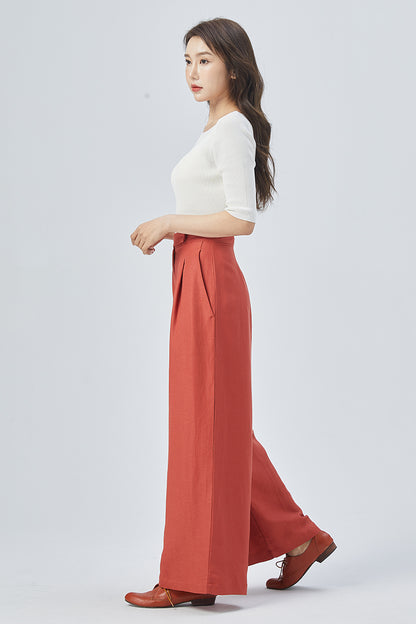 Red Linen Wide Leg Pants - High Waisted Relaxed Fit 4150