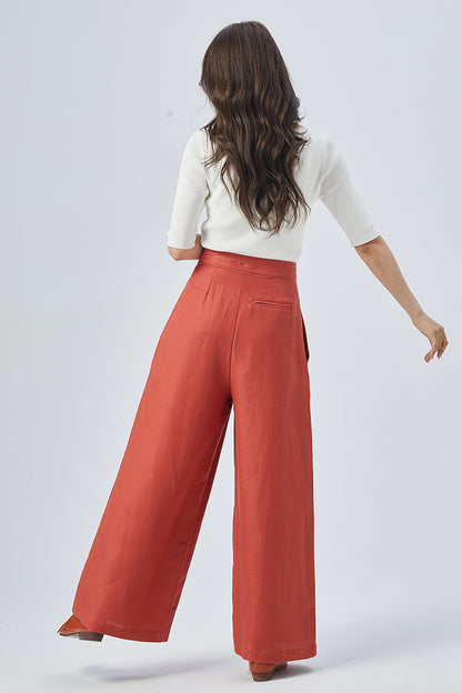 Red Linen Wide Leg Pants - High Waisted Relaxed Fit 4150