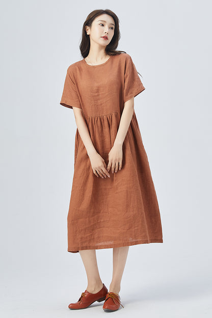Brown Linen Dress - Oversized Relaxed Fit with Short Sleeves 4158