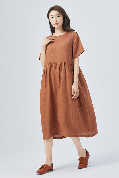 Brown Linen Dress - Oversized Relaxed Fit with Short Sleeves 4158