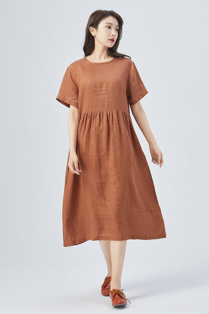 Brown Linen Dress - Oversized Relaxed Fit with Short Sleeves 4158