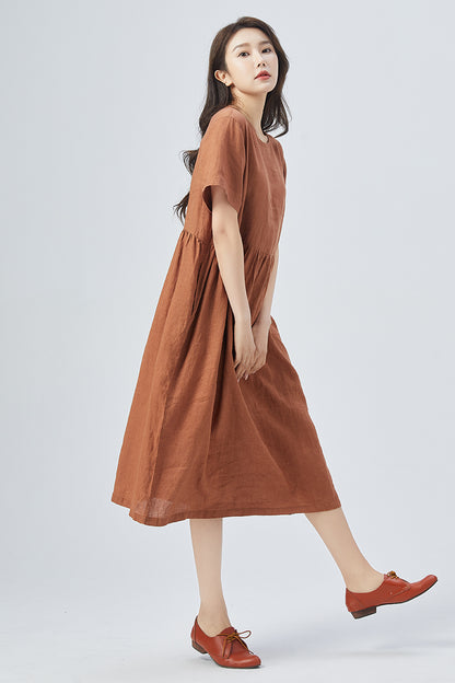 Brown Linen Dress - Oversized Relaxed Fit with Short Sleeves 4158
