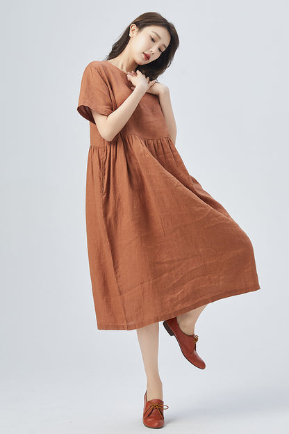 Brown Linen Dress - Oversized Relaxed Fit with Short Sleeves 4158