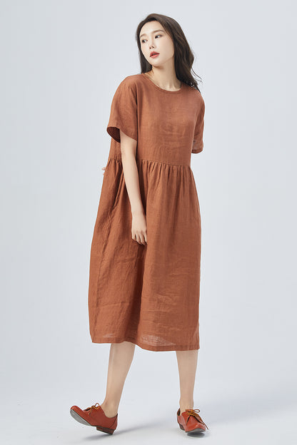 Brown Linen Dress - Oversized Relaxed Fit with Short Sleeves 4158