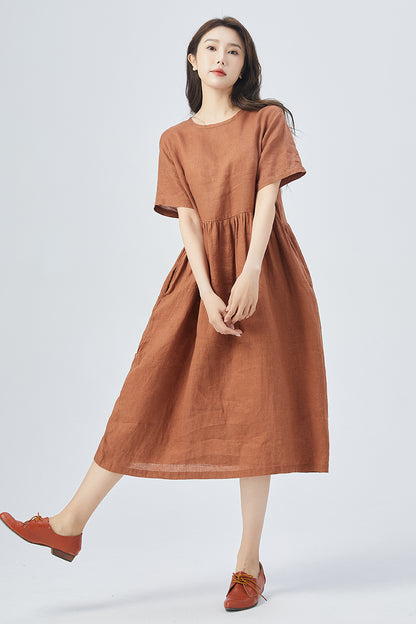 Brown Linen Dress - Oversized Relaxed Fit with Short Sleeves 4158